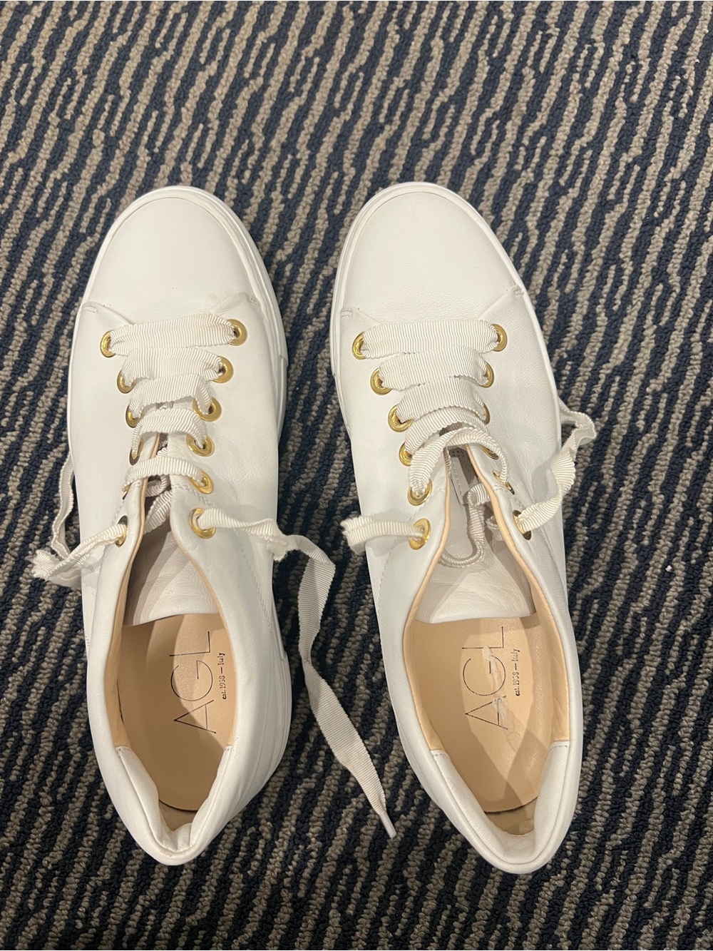 AGL White Leather Lace-Up Women's platform Sneakers with Gold Eyelets